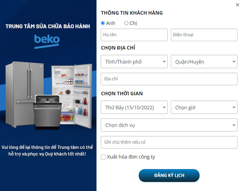 Điền thông tin và chọn “ĐĂNG KÝ LỊCH”